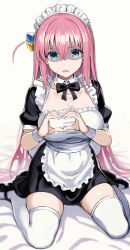 Rule 34 | 1girl, @ @, absurdres, alternate costume, apron, black dress, blue eyes, bocchi the rock!, breasts, cleavage, dress, enmaided, frilled dress, frills, frown, gotoh hitori, greatmosu, heart, heart hands, highres, large breasts, maid, maid apron, maid headdress, open mouth, pink hair, shaded face, sitting, solo, thighhighs, thighs, wariza, white thighhighs, zettai ryouiki