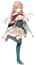 Rule 34 | 1girl, bare shoulders, blush, boots, clipboard, green eyes, highres, long hair, looking at viewer, open mouth, original, pink hair, skirt, smile, solo, thigh boots, thighhighs, tika (mika4975)