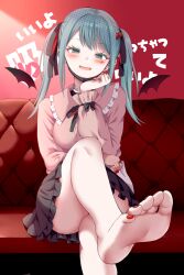Rule 34 | 1girl, :d, barefoot, black bow, black skirt, blue hair, blush, bow, breasts, center frills, collared shirt, commentary request, couch, crossed legs, dress shirt, fangs, feet, frilled skirt, frills, givuchoko, green eyes, hair bow, hair ornament, hatsune miku, heart, heart hair ornament, long hair, long sleeves, looking at viewer, medium breasts, nail polish, on couch, open mouth, pink shirt, puffy long sleeves, puffy sleeves, red nails, shirt, sitting, skirt, smile, soles, solo, text background, toenail polish, toenails, translation request, twintails, vampire (vocaloid), vocaloid