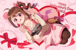 Rule 34 | 1girl, :q, ahoge, apron, black pantyhose, bowl, brown hair, brown skirt, chocolate, closed mouth, commentary, dated, drill hair, earrings, english text, floating, food, food on face, frilled shirt, frilled skirt, frills, hair ribbon, happy valentine, heart, holding, holding bowl, idolmaster, idolmaster million live!, jewelry, kamille (vcx68), licking lips, long sleeves, looking at viewer, medium hair, miniskirt, mixing bowl, necklace, pantyhose, pink apron, pink footwear, pink ribbon, purple eyes, ribbon, shirt, side drill, side ponytail, sidelocks, skirt, slippers, smile, solo, tongue, tongue out, valentine, whisk, white shirt, yokoyama nao