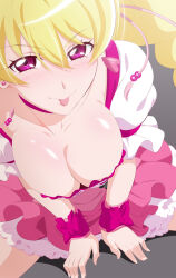 Rule 34 | 1girl, blonde hair, breasts, choker, cleavage, collarbone, cure peach, downblouse, earrings, fresh precure!, from above, fuchi (nightmare), gradient background, grey background, heart, heart earrings, highres, jewelry, large breasts, light blush, long hair, looking at viewer, momozono love, naughty face, pink choker, pink eyes, precure, puffy short sleeves, puffy sleeves, shirt, short sleeves, smile, solo, tongue, tongue out, white shirt, wrist cuffs