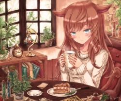 Rule 34 | 1girl, :3, animal ears, aran sweater, blunt bangs, blush, book, bookshelf, cable knit, cake, cat ears, cat tail, chair, clock, coffee mug, collarbone, creamer (vessel), cup, day, desk lamp, file cabinet, food, fork, holding, holding cup, indoors, kyuumoto kuku, lamp, long hair, long sleeves, looking at viewer, menu, mug, original, plant, plate, potted plant, red hair, restaurant, signature, silver hair, sitting, slit pupils, solo, spoon, sweater, table, tail, test tube, white sweater, window