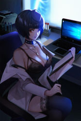 Rule 34 | 1girl, ahoge, bare shoulders, black bra, black choker, black dress, black hair, black nails, black thighhighs, bob cut, bra, breasts, choker, cleavage, clipboard, collarbone, computer, crossed legs, dress, highres, holding, holding pen, indoors, lab coat, lace, lace-trimmed bra, lace-trimmed legwear, lace trim, laptop, large breasts, long sleeves, looking at viewer, nail polish, necktie, off shoulder, open clothes, parted lips, pen, persona, persona 5, red eyes, screen light, short hair, sitting, smile, solo, strap slip, studded choker, table, takemi tae, thighhighs, underwear, zenghuimin
