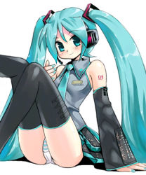 Rule 34 | aqua eyes, aqua hair, detached sleeves, hatsune miku, long hair, lowres, necktie, panties, simple background, sitting, solo, striped clothes, striped panties, thighhighs, twintails, underwear, very long hair, vocaloid