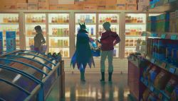 Rule 34 | 1girl, 2boys, bag, black hair, black suit, character request, coat, commentary request, convenience store, copyright request, drink, food, hand on own hip, high collar, highres, indoors, jacket, meipu hm, multiple boys, pants, pointy ears, red jacket, reflection, refrigerator, shoes, shop, shopping, shopping basket, short hair, standing, suit, white hair