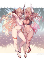 Rule 34 | 2girls, :d, ;d, anila (granblue fantasy), arm up, armpits, belt, bikini, bikini top only, black bikini, black footwear, blonde hair, blunt bangs, blush, bottomless, breasts, cleavage, cleft of venus, commentary request, copyright name, dappled sunlight, dark-skinned female, dark skin, day, draph, female pubic hair, granblue fantasy, hand in own hair, highres, horns, kumbhira (granblue fantasy), large breasts, long hair, looking at viewer, multiple girls, navel, nipple slip, nipples, one eye closed, open mouth, orange eyes, outdoors, outstretched arm, palm tree, pointy ears, pubic hair, pussy, sandals, signature, single horn, skindentation, smile, stomach, sunlight, swept bangs, swimsuit, thigh strap, thighhighs, thighs, tree, twitter username, uncensored, v, very long hair, white bikini, white footwear, yellowpaint.