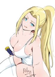 Rule 34 | 1girl, artist name, bare shoulders, beatrix amerhauser, blonde hair, blue eyes, blush, breasts, cleavage, collarbone, commentary, holding, holding sword, holding weapon, large breasts, long hair, looking at viewer, original, parted bangs, parted lips, ponytail, relaxjon, signature, simple background, sitting, smile, solo, sword, thighhighs, weapon, white background, white thighhighs, zom 100: zombie ni naru made ni shitai 100 no koto