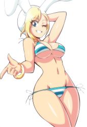 Rule 34 | 1girl, adventure time, arm behind head, bikini, blonde hair, blue eyes, breasts, cleavage, curvy, fionna the human girl, grin, highres, large breasts, legs, lewdamone, navel, one eye closed, rabbit ears, smile, solo, striped bikini, striped clothes, swimsuit, thick thighs, thighs, underboob, wink