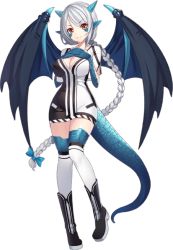 Rule 34 | 1girl, artist request, black dress, black footwear, blue wings, boots, braid, breasts, cleavage, dragon girl, dragon tail, dress, facial mark, full body, horns, kneehighs, large breasts, lato (monster musume), long hair, monster musume no iru nichijou, monster musume no iru nichijou online, official art, pointy ears, scales, silver hair, smile, socks, solo, tail, thighhighs, transparent background, two-tone dress, very long hair, white dress, white socks, wings, yellow eyes, zettai ryouiki