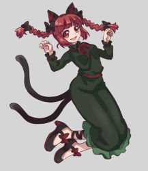 Rule 34 | 1girl, :d, animal ear fluff, animal ears, black footwear, blunt bangs, blush, bow, braid, breasts, cat ears, cat tail, dress, eyebrows hidden by hair, floating hair, footwear bow, full body, green dress, grey background, hands up, highres, kaenbyou rin, long hair, long sleeves, looking at viewer, multiple tails, neck ribbon, nekomata, open mouth, paw pose, petticoat, red bow, red eyes, red hair, red ribbon, renshirenji, ribbon, simple background, small breasts, smile, solo, tail, touhou, twin braids, twintails, two tails