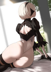 Rule 34 | ass, back, back cutout, black blindfold, black dress, black hairband, blindfold, boots, clothing cutout, covered eyes, dress, feather-trimmed sleeves, feather trim, gloves, hairband, highleg, highleg leotard, juliet sleeves, leotard, long sleeves, miyamoto issa, nier (series), nier:automata, puffy sleeves, short hair, sitting, thighhighs, thighhighs under boots, white hair, white leotard, 2b (nier:automata)