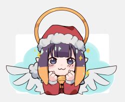 Rule 34 | 1girl, :3, angel wings, bell, blue eyes, blunt bangs, blush, blush stickers, chibi, christmas, clenched hands, closed mouth, commentary, double-parted bangs, elun (elun 00), english commentary, grey background, hands up, hat, hololive, hololive english, low wings, neck bell, ninomae ina&#039;nis, orange hair, outline, purple hair, santa costume, santa hat, signature, solo, sparkle, upper body, virtual youtuber, white background, white outline, white wings, wings