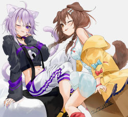 Rule 34 | 2girls, ;p, ahoge, animal ear fluff, animal ears, black choker, black hoodie, blush, bone hair ornament, box, bracelet, braid, breasts, brown eyes, brown hair, cat ears, cat girl, cat tail, choker, commentary request, cropped hoodie, dog ears, dog girl, dog tail, dress, fang, from side, gotou (nekocat), hair between eyes, hair ornament, highres, hololive, hood, hood down, hoodie, inugami korone, inugami korone (1st costume), jacket, jewelry, kneehighs, long hair, long sleeves, looking at viewer, medium breasts, midriff, multiple girls, nail polish, navel, nekomata okayu, nekomata okayu (1st costume), off shoulder, one eye closed, onigiri print, open clothes, open jacket, pants, print hoodie, purple eyes, purple hair, purple nails, red legwear, shoes, signature, simple background, sitting, sleeves past wrists, smile, socks, tail, tongue, tongue out, translation request, twin braids, virtual youtuber, white background, white dress, white pants, yellow footwear, yellow jacket, yellow nails