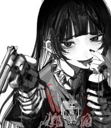 Rule 34 | 1girl, absurdres, blunt bangs, chain necklace, collar, ear piercing, forked tongue, greyscale, gun, handgun, highres, holding, holding gun, holding weapon, jewelry, long hair, long sleeves, looking at viewer, monochrome, necklace, original, piercing, revolver, sirayukisiu, sketch, solo, spiked collar, spikes, spot color, tongue, upper body, weapon