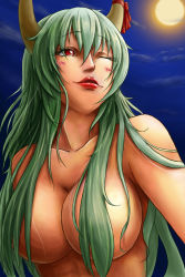 Rule 34 | 1girl, 7/11 (fukuso), blush, breasts, censored, collarbone, convenient censoring, ex-keine, eyelashes, female focus, full moon, green hair, hair censor, hair over breasts, highres, horn ornament, horn ribbon, horns, kamishirasawa keine, large breasts, lips, lipstick, long hair, makeup, moon, nude, one eye closed, red eyes, ribbon, smile, solo, touhou, upper body, wink