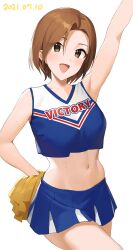 Rule 34 | 1girl, absurdres, arm up, armpits, blue shirt, blue skirt, breasts, brown eyes, brown hair, cheerleader, collarbone, cowboy shot, crop top, cropped shirt, dated, hand on own hip, highres, holding, holding pom poms, idolmaster, idolmaster cinderella girls, idolmaster cinderella girls starlight stage, looking at viewer, medium breasts, midriff, mizuki seira, navel, onao, open mouth, pleated skirt, pom pom (cheerleading), pom poms, shirt, short hair, simple background, skirt, smile, solo, standing, sweat, white background