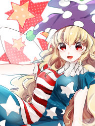 Rule 34 | 1girl, american flag dress, american flag legwear, blonde hair, clownpiece, fairy wings, hat, highres, jester cap, long hair, looking at viewer, neck ruff, open mouth, outstretched arm, pantyhose, print pantyhose, red eyes, short sleeves, smile, solo, star (symbol), striped, suzune hapinesu, touhou, wings