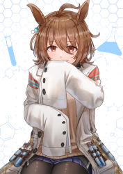 Rule 34 | 1girl, absurdres, agnes tachyon (umamusume), ahoge, animal ears, black pantyhose, blush, brown hair, brown sweater, commentary request, covering own mouth, hair between eyes, hand up, highres, horse ears, horse girl, lab coat, long sleeves, looking at viewer, medium hair, ooeyama, open mouth, pantyhose, purple skirt, red eyes, revision, sitting, skirt, sleeves past fingers, sleeves past wrists, smile, solo, sweater, umamusume, vial