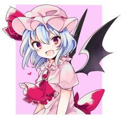 Rule 34 | 1girl, :d, ascot, bad id, bad twitter id, bat wings, blue hair, brooch, hat, jewelry, looking at viewer, mob cap, open mouth, red eyes, remilia scarlet, ribbon, short hair, smile, solo, touhou, upper body, wings, yukimiya (parupunta)