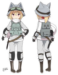 Rule 34 | 1girl, absurdres, animal ears, animal hat, black gloves, blonde hair, blush, boots, brown footwear, cat ears, closed mouth, commentary request, coreytaiyo, dated, fang, fang out, flandre scarlet, fringe trim, gloves, goggles, goggles on headwear, grey hat, grey jacket, grey pants, hair between eyes, hand on own hip, hard hat, hat, helmet, highres, jacket, knife, long hair, long sleeves, multiple views, pants, pigeon-toed, red eyes, scarf, signature, simple background, smile, standing, touhou, white background, white scarf