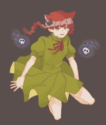 Rule 34 | 1girl, animal ears, bow, braid, cat ears, dress, extra ears, fang, ghost, green dress, grey background, hitodama, looking at viewer, napokomi ice, nekomata, open mouth, red eyes, red hair, skull, slit pupils, smile, solo, twin braids