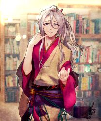Rule 34 | 1boy, androgynous, araragi natsuki, black shawl, blurry, blurry background, bookshelf, brown kimono, bungou to alchemist, cowboy shot, cowlick, earrings, finger to mouth, fingernails, fringe trim, grey hair, hair between eyes, hair ornament, hair stick, hand up, highres, indoors, japanese clothes, jewelry, kimono, library, long bangs, long hair, looking at viewer, male focus, multicolored clothes, multicolored kimono, outstretched hand, parted lips, pink kimono, pinky to mouth, ponytail, purple sash, sash, see-through, see-through shawl, shawl, sidelocks, smile, solo, tanizaki junichirou (bungou to alchemist), tareme, tassel, yellow eyes