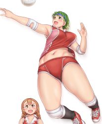 Rule 34 | 2girls, armpits, ball, blush, braid, breasts, brown eyes, buruma, commentary request, commission, elbow sleeve, full body, green eyes, green hair, hair between eyes, headband, highres, jumping, knee pads, large breasts, light brown hair, lips, long hair, looking up, medium hair, midriff, motion blur, multiple girls, navel, open mouth, original, orizen, pixiv commission, portrait, simple background, tareme, thick thighs, thighs, twin braids, twintails, volleyball, volleyball (object), white background