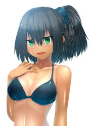 Rule 34 | 1girl, :d, absurdres, bikini, blush, body blush, breasts, brown hair, collarbone, fang, green eyes, hand on own chest, highres, open mouth, original, ponytail, side ponytail, simple background, smile, solo, swimsuit, tan, tanline, vixen (stinger), vixen stinger