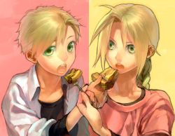 Rule 34 | 2boys, ahoge, alphonse elric, black shirt, blonde hair, braid, brothers, close-up, collarbone, collared shirt, edward elric, expressionless, eyelashes, feeding, fingernails, food, fork, fullmetal alchemist, hand up, holding, holding food, holding fork, long sleeves, looking at another, looking at viewer, looking to the side, male focus, multiple boys, noako, open clothes, open mouth, open shirt, parted bangs, pastry, pie, pink background, pink shirt, shirt, siblings, side-by-side, simple background, split screen, swept bangs, tareme, teeth, undershirt, upper body, white shirt, yellow background, yellow eyes