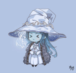 Rule 34 | &gt; &lt;, 1girl, blue background, blue hair, blue skin, blush, cloak, colored skin, dress, elden ring, extra arms, extra faces, closed eyes, facing viewer, full body, fur cloak, hat, large hat, long hair, long sleeves, m xy, miniature ranni, ranni the witch, signature, simple background, solo, triangle mouth, very long hair, white dress, witch hat