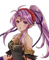 Rule 34 | 1girl, bare shoulders, black dress, breasts, dress, earrings, fire emblem, fire emblem: genealogy of the holy war, fire emblem heroes, hair ribbon, highres, jewelry, long hair, looking at viewer, nintendo, official alternate costume, open mouth, ponytail, purple eyes, purple hair, ribbon, run illust, solo, tailtiu (fire emblem), upper body, white background