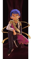 Rule 34 | 1boy, 3232ver, blue hair, cropped jacket, heterochromia, highres, ice skates, jacket, jewelry, looking at viewer, male focus, necklace, original, pants, pink eyes, pinstripe pants, pinstripe pattern, scarf, shoes, short hair, skates, smile, solo, striped, white jacket, yellow eyes