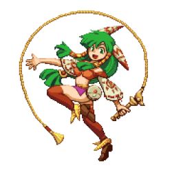Rule 34 | 1girl, breasts, brown footwear, feena (grandia), grandia, green eyes, green hair, hair ornament, hair tubes, holding, holding whip, jewelry, long hair, looking at viewer, low-tied long hair, midriff, navel, open mouth, pixel art, pixelflag, red thighhighs, ribbon-trimmed sleeves, ribbon trim, simple background, smile, solo, thighhighs, whip, white background, wide sleeves