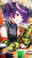 Rule 34 | 1girl, asymmetrical bangs, blunt bangs, blurry, blurry background, blush, camouflage, camouflage jacket, diagonal bangs, earrings, fingerless gloves, food, glint, gloves, highres, hoop earrings, idolmaster, idolmaster shiny colors, jacket, jacket partially removed, jewelry, light smile, nail polish, purple eyes, purple hair, restaurant, ring, shinishi chiho, shirt, sitting, sleeveless, sleeveless shirt, soda, solo, sushi, tanaka mamimi, tongue, tongue out, tray, twintails