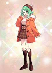 Rule 34 | 1girl, alternate costume, beret, bishie sparkle, blurry, bokeh, boots, brown footwear, brown hat, brown skirt, coat, commentary, depth of field, full body, fur-trimmed coat, fur trim, green eyes, green hair, gumi, hand up, hat, high-waist skirt, high heel boots, high heels, knee boots, looking at viewer, miniskirt, nou (nounknown), open mouth, orange coat, plaid, plaid skirt, pleated skirt, pocket, pom pom (clothes), ribbed sweater, second-party source, skirt, sleeves past wrists, smile, solo, sparkle background, standing, sweater, vocaloid, white sweater
