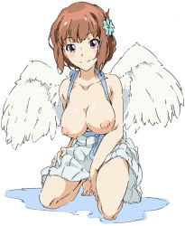 Rule 34 | 10s, 1girl, angel wings, barefoot, breasts, breasts out, brown hair, feathered wings, flower, hair flower, hair ornament, kneeling, large breasts, looking at viewer, nipples, shirakawa mio, short hair, smile, solo, umanosuke, wake up girls!, wake up girls! stage no tenshi, wings
