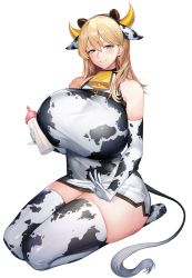 Rule 34 | 1girl, alternate hairstyle, animal ears, animal print, baby bottle, bear ears, bell, blonde hair, blue eyes, bottle, breast strap, breasts, cow ears, cow print, cow tail, cowbell, dress, elbow gloves, extra ears, frigga (last origin), full body, gigantic breasts, gloves, grin, hair between eyes, hair down, highres, huge breasts, jam (nandade), lap pillow invitation, last origin, long hair, mole, mole under mouth, neck bell, official art, seiza, short dress, side slit, sitting, smile, solo, tachi-e, tail, thighhighs, transparent background