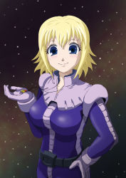 Rule 34 | 1girl, blonde hair, blue eyes, gingasansan, gradient background, gundam, gundam side story: from place beyond the blaze, hand on own hip, jewelry, lilia flaubert, pilot suit, smile, solo