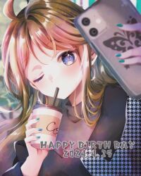 Rule 34 | 1girl, ahoge, birthday, blue eyes, blue nails, blurry, blurry background, blush, brown hair, cellphone, checkered clothes, coffee, coffee cup, commentary request, cup, dated, disposable cup, drink, drinking, drinking straw, drinking straw in mouth, earrings, english text, eyelashes, green nails, grey sweater, happy birthday, head tilt, high collar, highres, holding, holding cup, holding phone, hoop earrings, idolmaster, idolmaster million live!, jewelry, kori (spinsongs), long hair, long sleeves, medium bangs, nail polish, off shoulder, phone, selfie, single off shoulder, smartphone, solo, sparkle, sparkling eyes, straight hair, sweater, swept bangs, tokoro megumi, turtleneck, turtleneck sweater, upper body