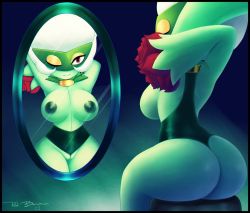 Rule 34 | 1girl, ass, breasts, cleft of venus, creatures (company), game freak, gen 4 pokemon, huge ass, mirror, nintendo, pokemon, pokemon (creature), pussy, red benjamin, red eyes, roserade, sitting, smile, solo, standing