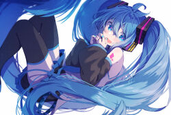 Rule 34 | 1girl, absurdly long hair, aqua nails, aqua necktie, bare shoulders, black skirt, black sleeves, black thighhighs, blue eyes, blue hair, detached sleeves, feet out of frame, grey shirt, hair ornament, hatsune miku, headphones, headset, heart, heart in eye, highres, knees up, long hair, looking at viewer, nail polish, necktie, nuko 0108, open mouth, own hands together, shirt, shoulder tattoo, skirt, sleeveless, sleeveless shirt, smile, solo, symbol in eye, tattoo, thighhighs, twintails, very long hair, vocaloid, zettai ryouiki