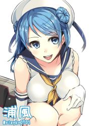 Rule 34 | 10s, 1girl, akechi shizuku, animated, animated png, beret, blue eyes, blue hair, breasts, double bun, elbow gloves, gloves, hat, kantai collection, large breasts, long hair, looking at viewer, matching hair/eyes, md5 mismatch, open mouth, school uniform, serafuku, solo, ugoira, urakaze (kancolle), white gloves