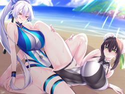 Rule 34 | 2girls, bare shoulders, beach, black hair, black one-piece swimsuit, blue one-piece swimsuit, blue sky, blush, breasts, bun cover, censored, competition swimsuit, covered navel, day, double bun, fate/grand order, fate (series), green eyes, green ribbon, hair bun, highleg, highleg swimsuit, highres, huge breasts, licking lips, long hair, multiple girls, one-piece swimsuit, ponytail, qin liangyu (fate), red eyes, ribbon, shore, sidelocks, silver hair, sky, smile, swimsuit, tomoe gozen (fate), tomoe gozen (swimsuit saber) (fate), tomoe gozen (swimsuit saber) (first ascension) (fate), tongue, tongue out, tribadism, very long hair, watosu, wet, white one-piece swimsuit, yuri