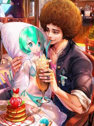 Rule 34 | 1boy, absurdres, afro, aqua eyes, aqua hair, bendy straw, big hair, bikini, brown hair, cellphone, character request, dakimakura (object), dating, dessert, drinking, drinking straw, food, fork, fruit, furyou michi ~gang road~, grey eyes, heart o-ring, highres, holding, iphone, jewelry, on lap, otaku, pancake, phone, pillow, revision, ring, short hair, sitting, smartphone, solo focus, sparkle, strawberry, swimsuit, tae seop shin, whipped cream