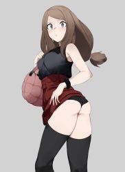 Rule 34 | 1girl, absurdres, ass, bag, black panties, black shirt, black thighhighs, blue eyes, bracelet, breasts, brown hair, closed mouth, clothes lift, creatures (company), floating hair, from side, game freak, grey background, highres, jewelry, keiz, long hair, low-tied long hair, medium breasts, miniskirt, nintendo, panties, parted bangs, pokemon, pokemon xy, red skirt, serena (pokemon), shirt, simple background, skirt, skirt lift, sleeveless, sleeveless shirt, solo, standing, thighhighs, underwear, very long hair