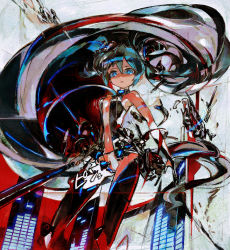 Rule 34 | 1girl, absurdres, aqua eyes, faux traditional media, hair between eyes, has bad revision, has downscaled revision, hatsune miku, hatsune miku (append), highres, jnt, long hair, md5 mismatch, navel, resolution mismatch, solo, source smaller, thighhighs, very long hair, vocaloid, vocaloid append, wardrobe malfunction, zettai ryouiki