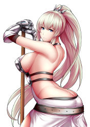 Rule 34 | 1girl, armor, ass, bike999, blonde hair, blue eyes, blush, breastplate, breasts, butt crack, female focus, gauntlets, hair ornament, large breasts, long hair, original, ponytail, ruler, sideboob, simple background, solo, white background