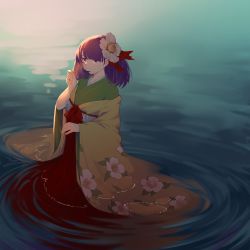 Rule 34 | 1girl, :|, absurdres, blunt bangs, closed mouth, commentary, expressionless, eyebrows hidden by hair, floral print, flower, full body, green kimono, hair flower, hair ornament, hakama, hand up, hieda no akyuu, highres, japanese clothes, kimono, long sleeves, looking afar, purple eyes, purple hair, red hakama, red ribbon, ribbon, ripples, short hair, solo, standing, touhou, water, white flower, white sleeves, xinzhi pianxia, yellow sleeves