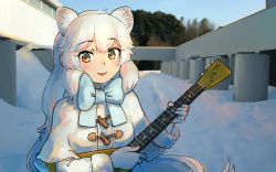 Rule 34 | 1girl, :d, animal ear fluff, animal ears, arctic fox (kemono friends), blue bow, blue bowtie, bow, bowtie, brown eyes, capelet, commentary, day, extra ears, fox ears, fur-trimmed sleeves, fur trim, gloves, highres, instrument, instrument request, kemono friends, long hair, long sleeves, looking at viewer, music, open mouth, outdoors, playing instrument, signature, smile, snow, solo, welt (kinsei koutenkyoku), white gloves, white hair
