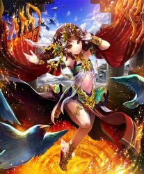 Rule 34 | 1girl, anklet, artist request, bird, bracelet, braid, brown eyes, brown hair, cygames, dancer, detached sleeves, gold, gold trim, hair ornament, jewelry, light smile, lorea dancer of the sun, navel, necklace, official art, shadowverse, shingeki no bahamut, sky, thighhighs, twin braids